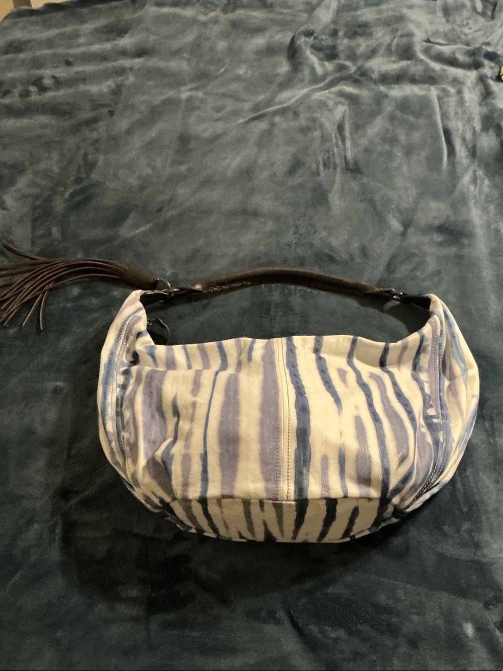 Tano Navy and White Striped Shoulder Hobo with Leather Tassel